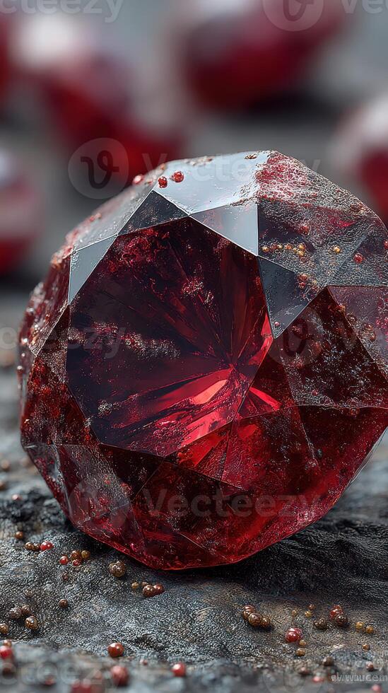 Sparkling red gem resting on a textured surface with scattered shimmering particles in soft light photo