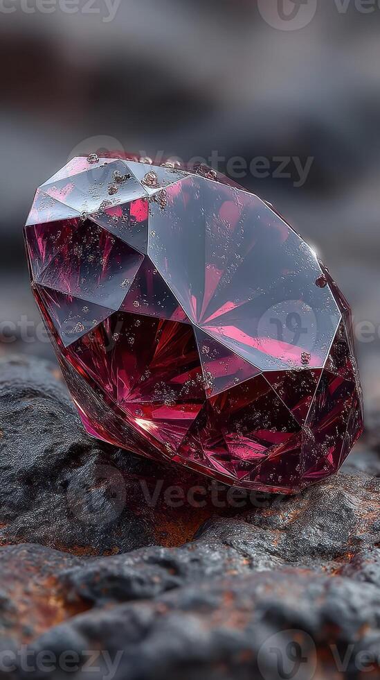 Sparkling ruby gemstone glistens on rocky surface with water droplets in natural light photo