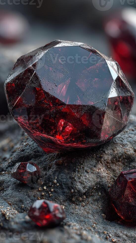 Rich red gemstone resting on textured surface reflects light in captivating detail photo