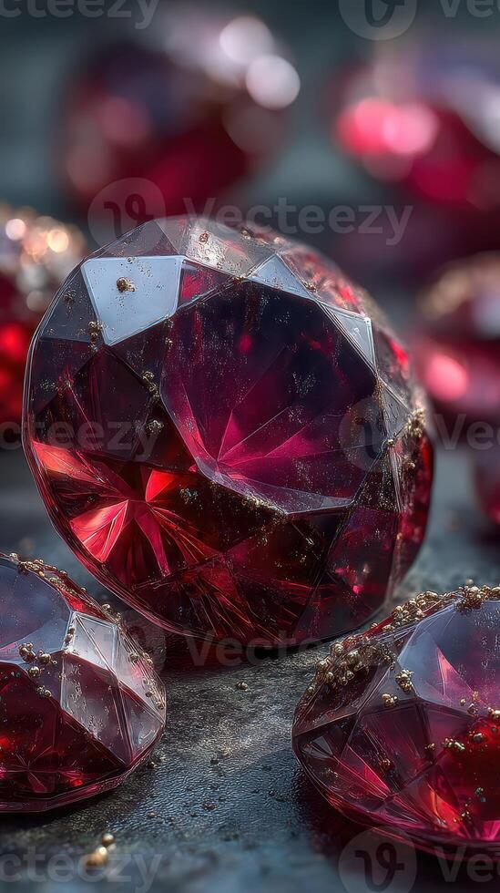 Sparkling red gems illuminated by soft light on a textured surface reflecting their brilliance and beauty photo
