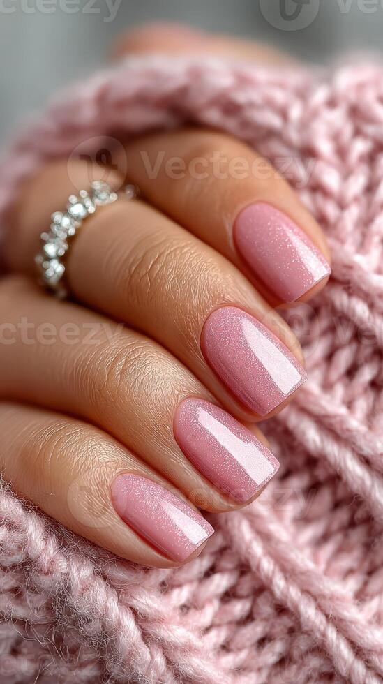 Elegant pink nail polish on well-groomed hand resting on soft knitted fabric in a cozy setting photo