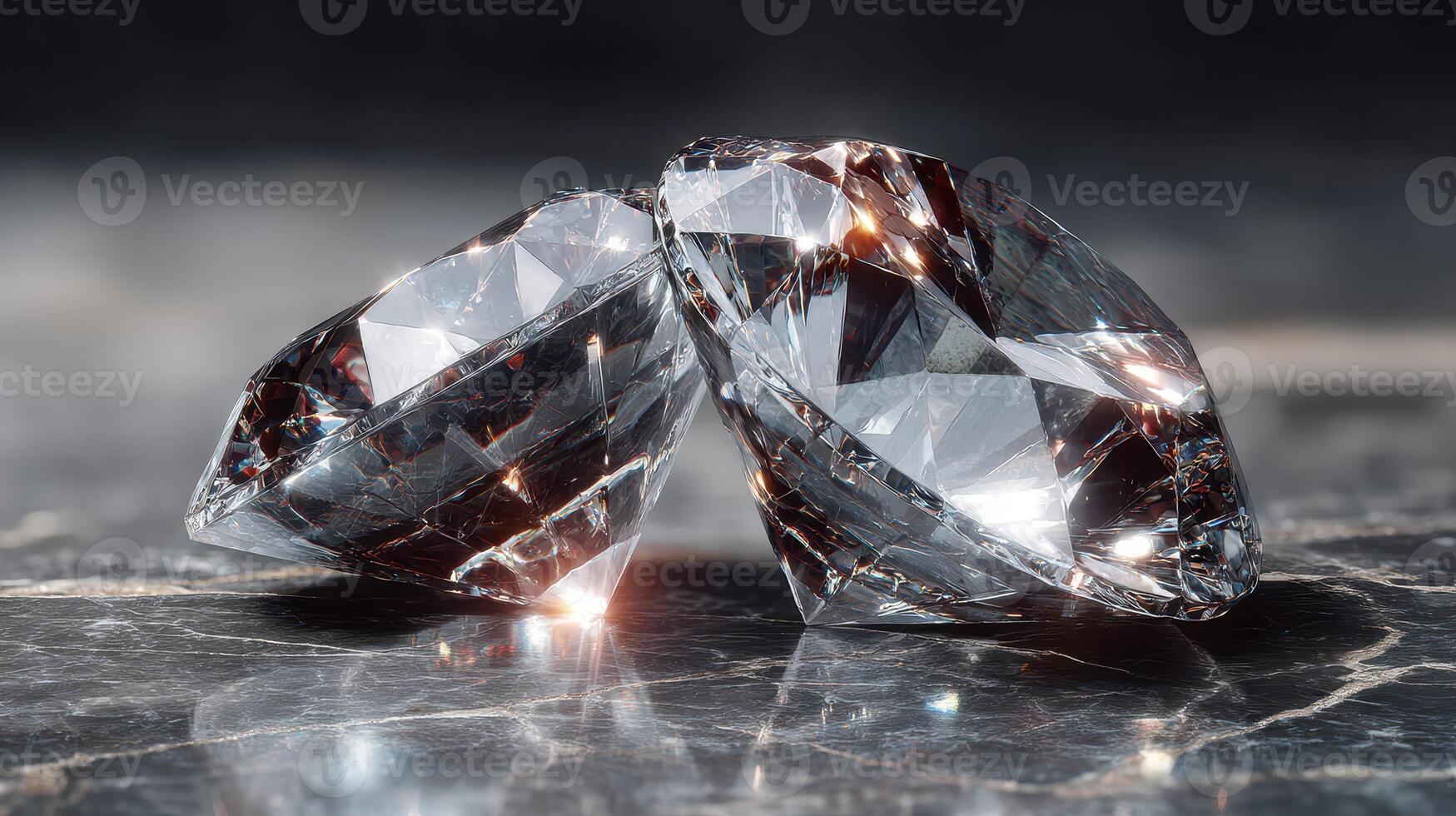 Unique close-up of sparkling diamonds resting on a polished marble surface highlighting their brilliance photo