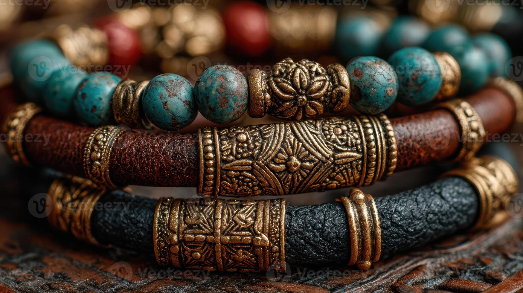 Elegant handmade bracelets showcasing intricate designs with rich textures and vibrant colors in a close-up setting photo