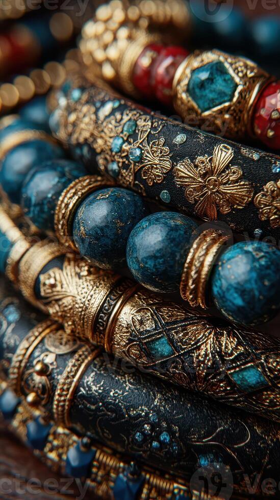 Stunning collection of ornate bracelets with intricate designs and bold colors arranged on a textured surface photo