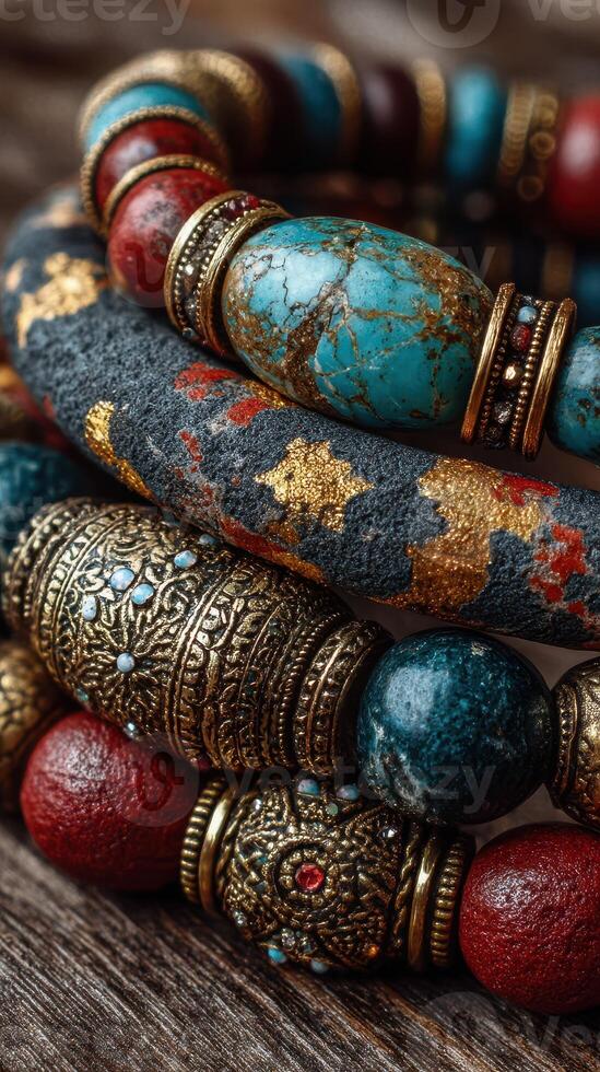 Handcrafted bracelets with intricate designs displayed on a wooden surface in a vibrant and artistic arrangement photo