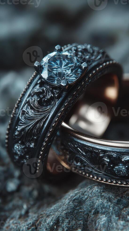 Engagement and wedding rings with intricate designs on textured stone surface in soft light photo