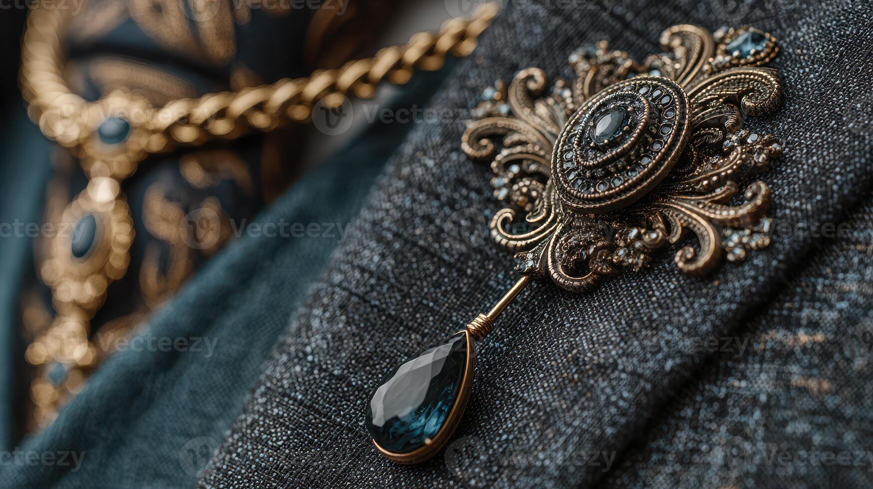 Intricate vintage brooch displayed on textured fabric with rich embroidery in the background during a fashion showcase photo