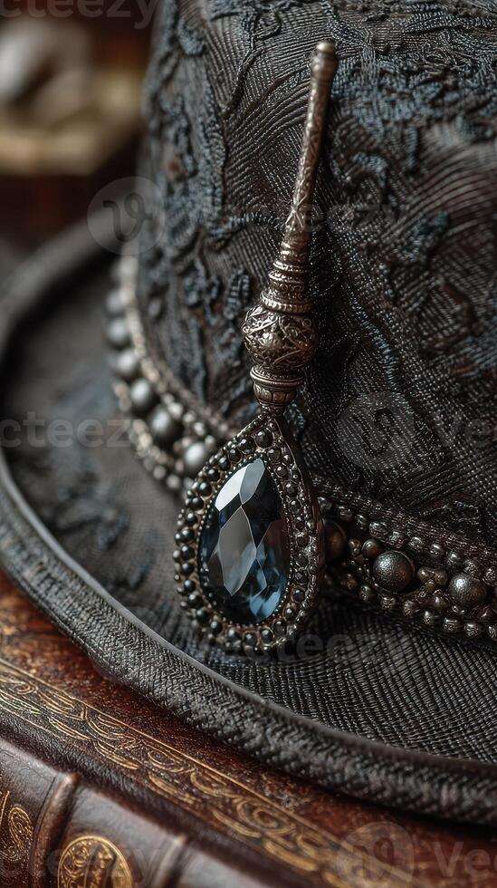 Vintage black hat with intricate lace details and a decorative brooch featuring a faceted stone photo