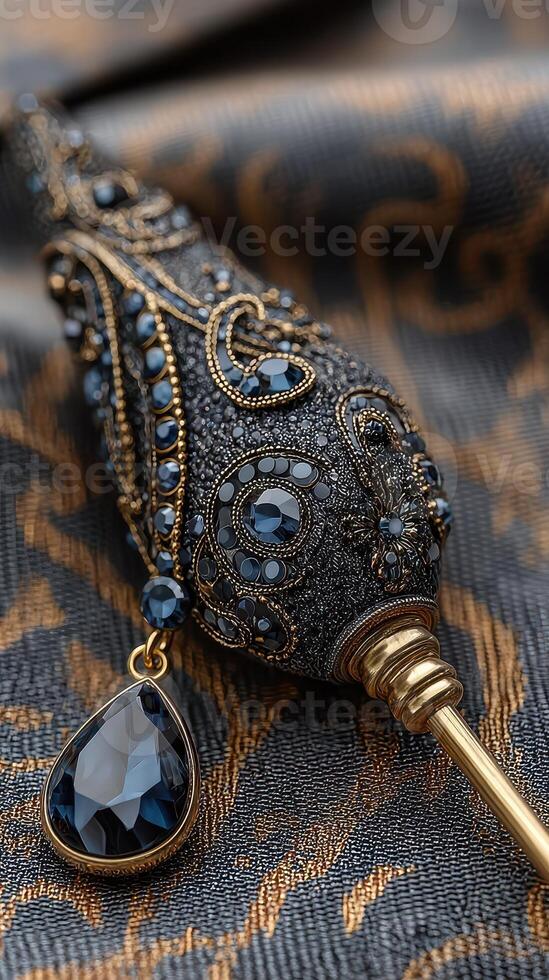 Intricately designed decorative object with beads and intricate patterns displayed on elegant fabric photo