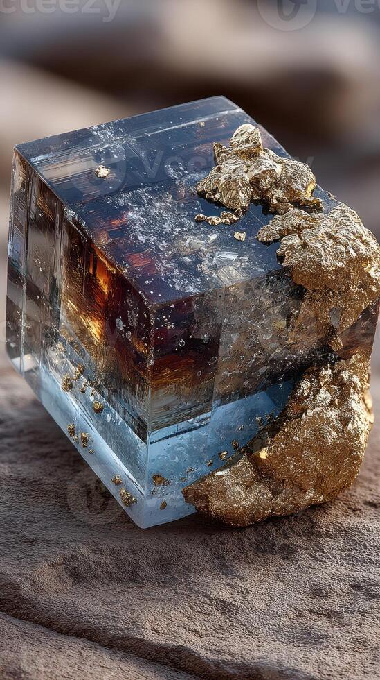 A unique crystal showcasing intricate textures and metallic inclusions found in a natural setting during daylight hours photo