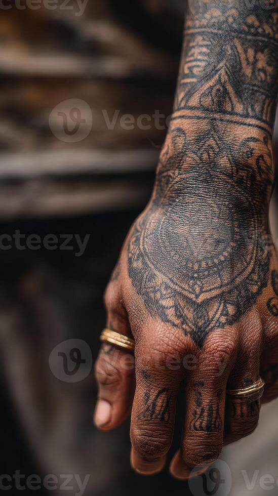 Detailed tattoo designs enhance the artistry of a person's hand with intricate patterns and rings in a close-up view photo
