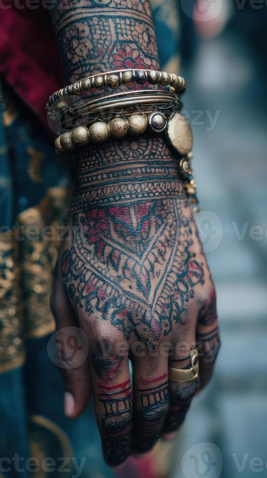 Beautifully detailed hand adorned with intricate henna tattoos and jewelry in a cultural setting during a vibrant festival photo