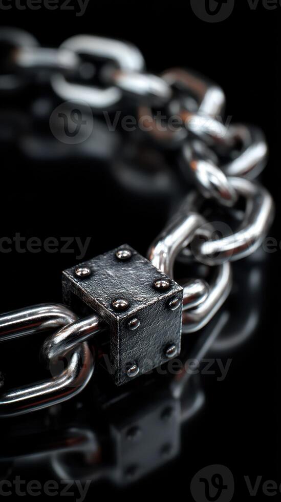 Close-up view of a metallic chain with a padlock on a reflective surface in low light setting photo