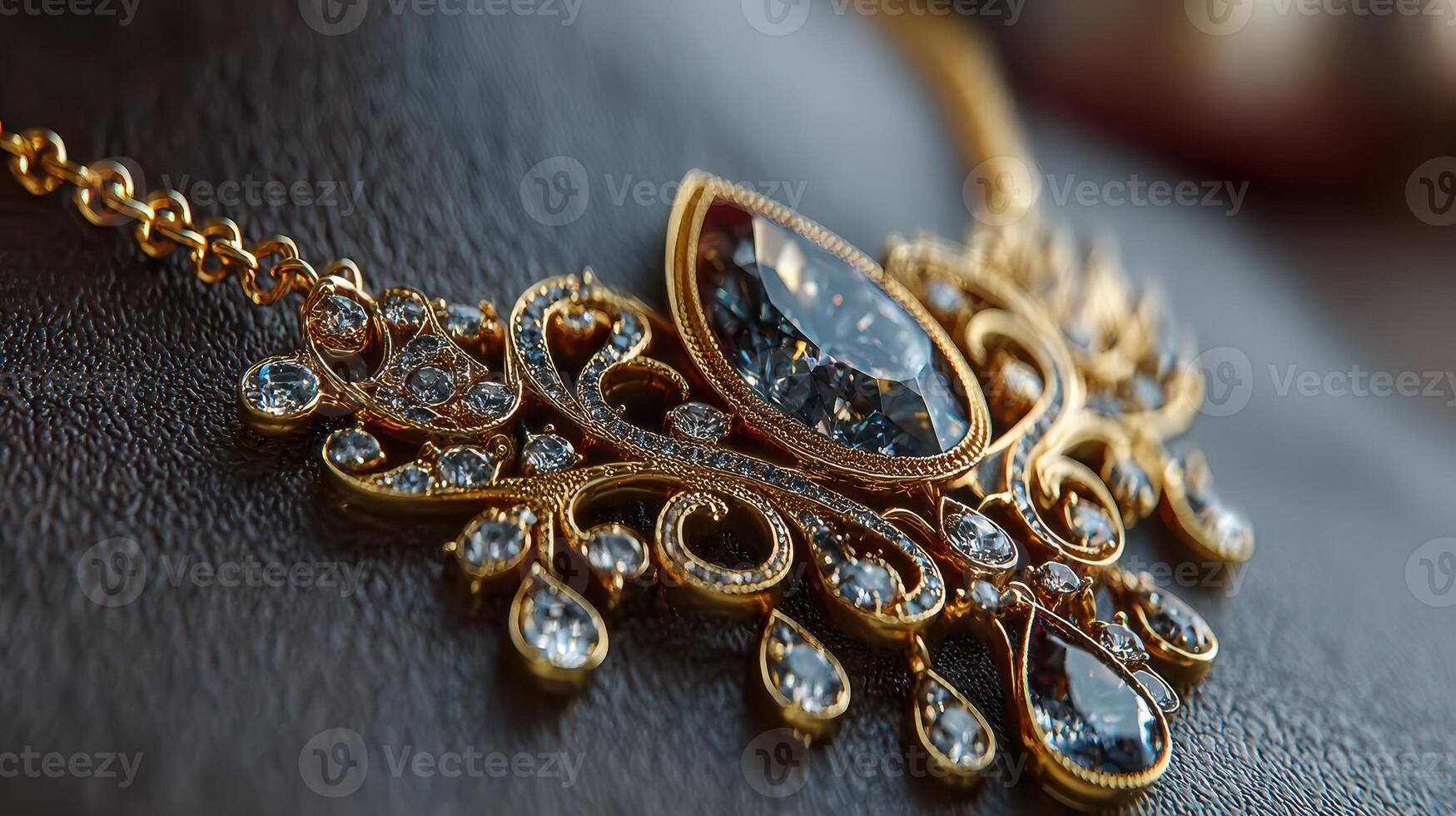 Luxurious gold necklace with intricate design and sparkling gemstones displayed on a dark velvet surface photo