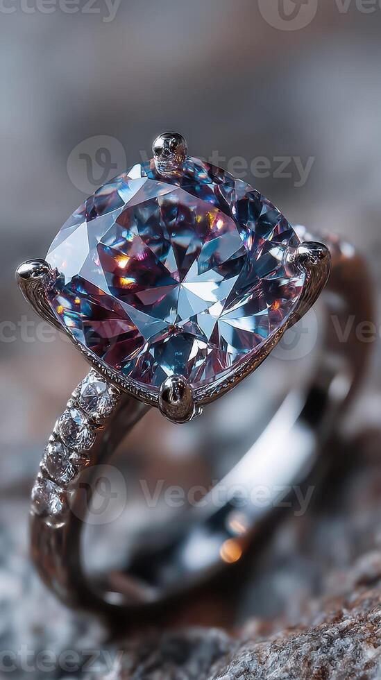 Stunning close-up of a sparkling gemstone ring showcasing intricate design and dazzling clarity on a textured surface photo