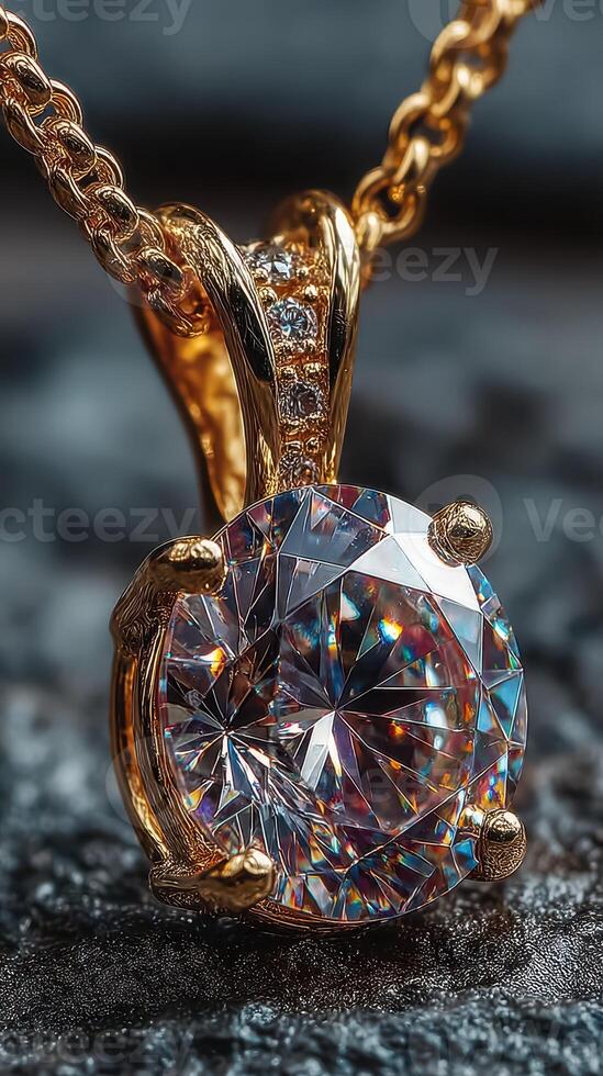 Exquisite round-cut gemstone pendant in gold setting captured in close-up against a textured background photo