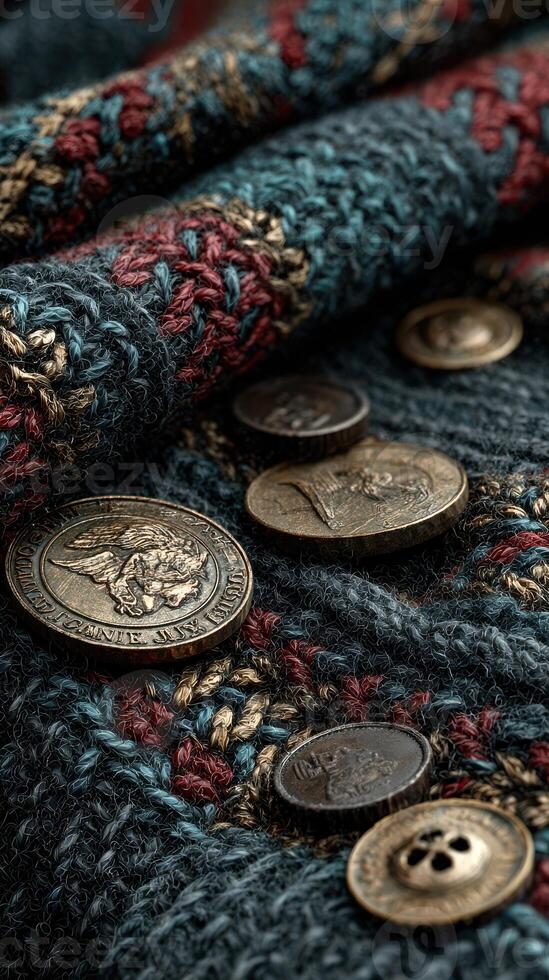 Intricate textile showcasing colorful weaving and vintage buttons in close-up detail photo