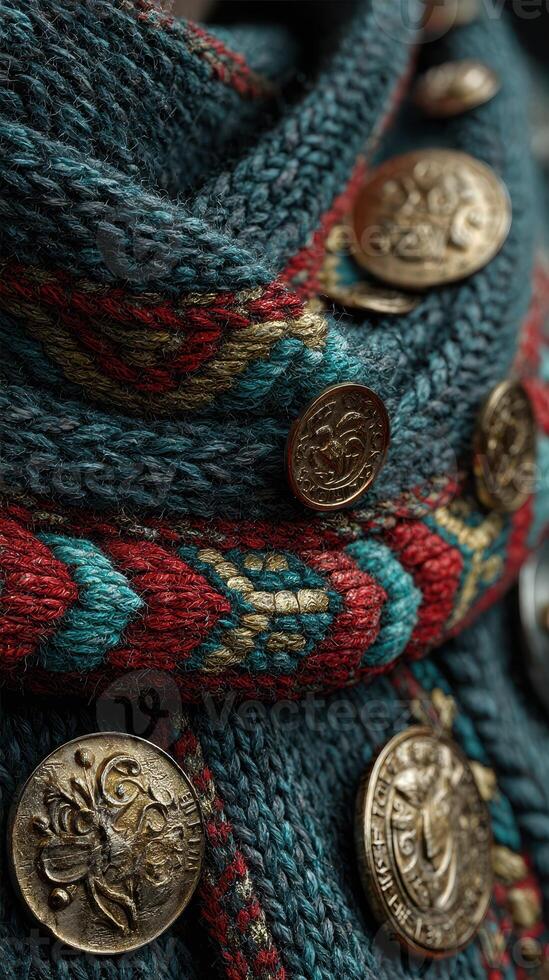 Detailed view of a handcrafted textile featuring vibrant colors and intricate metallic buttons from a traditional market photo