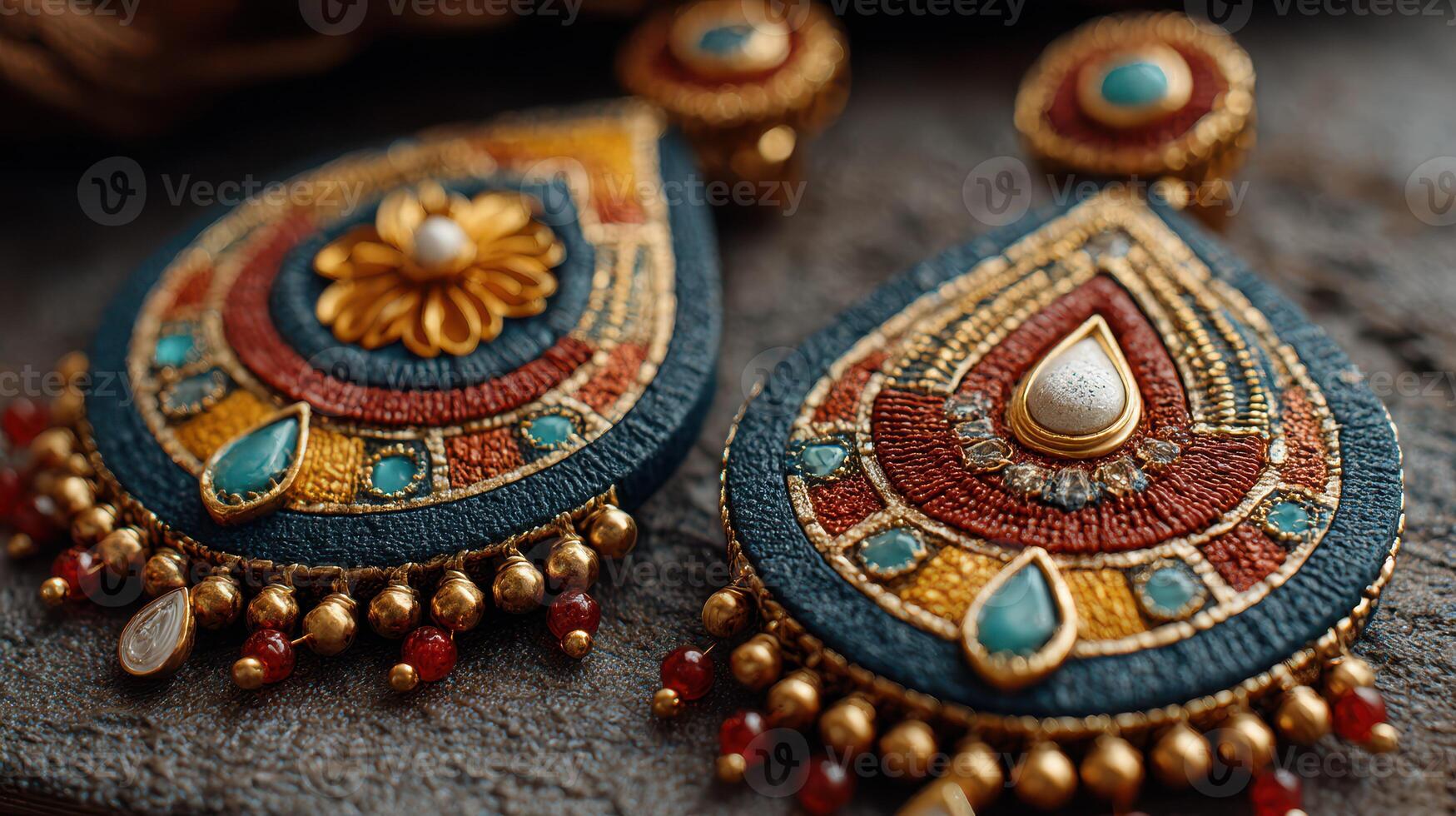Intricate handcrafted earrings with colorful embroidery displayed on textured surface in natural light photo