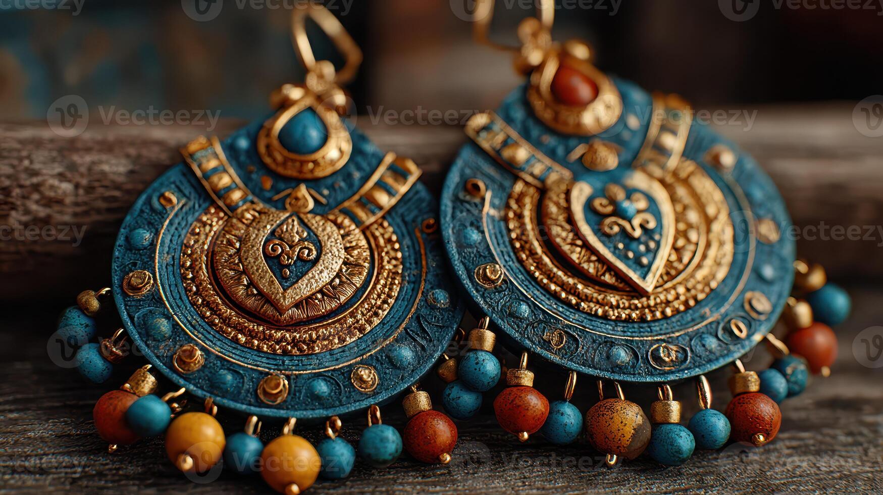 Intricately designed blue and gold earrings showcasing traditional craftsmanship photo