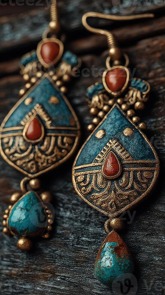 Beautiful vintage earrings crafted from turquoise and bronze displayed on a rustic wooden surface photo