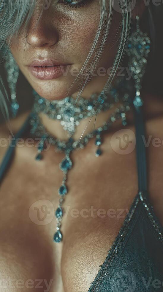 Elegant woman adorned in intricate jewelry showcasing beauty and style in an intimate setting photo