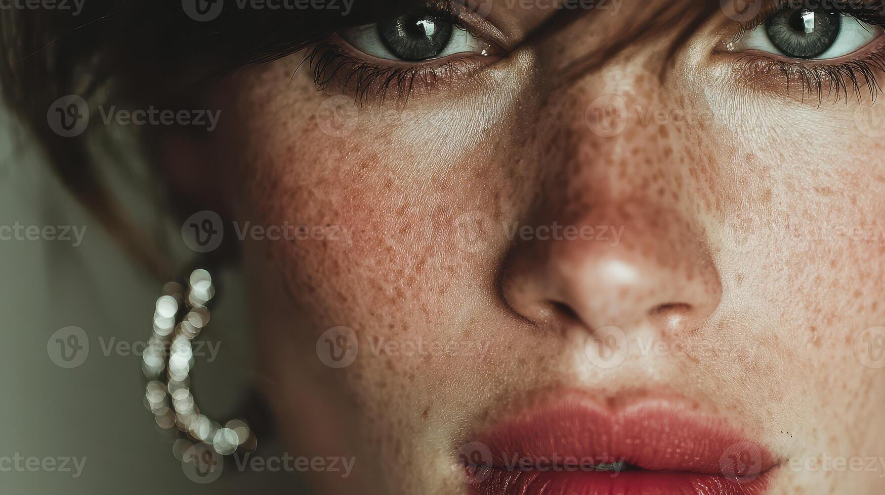 Close-up of a woman with freckles and bold lipstick showcasing her striking features and expressive eyes photo