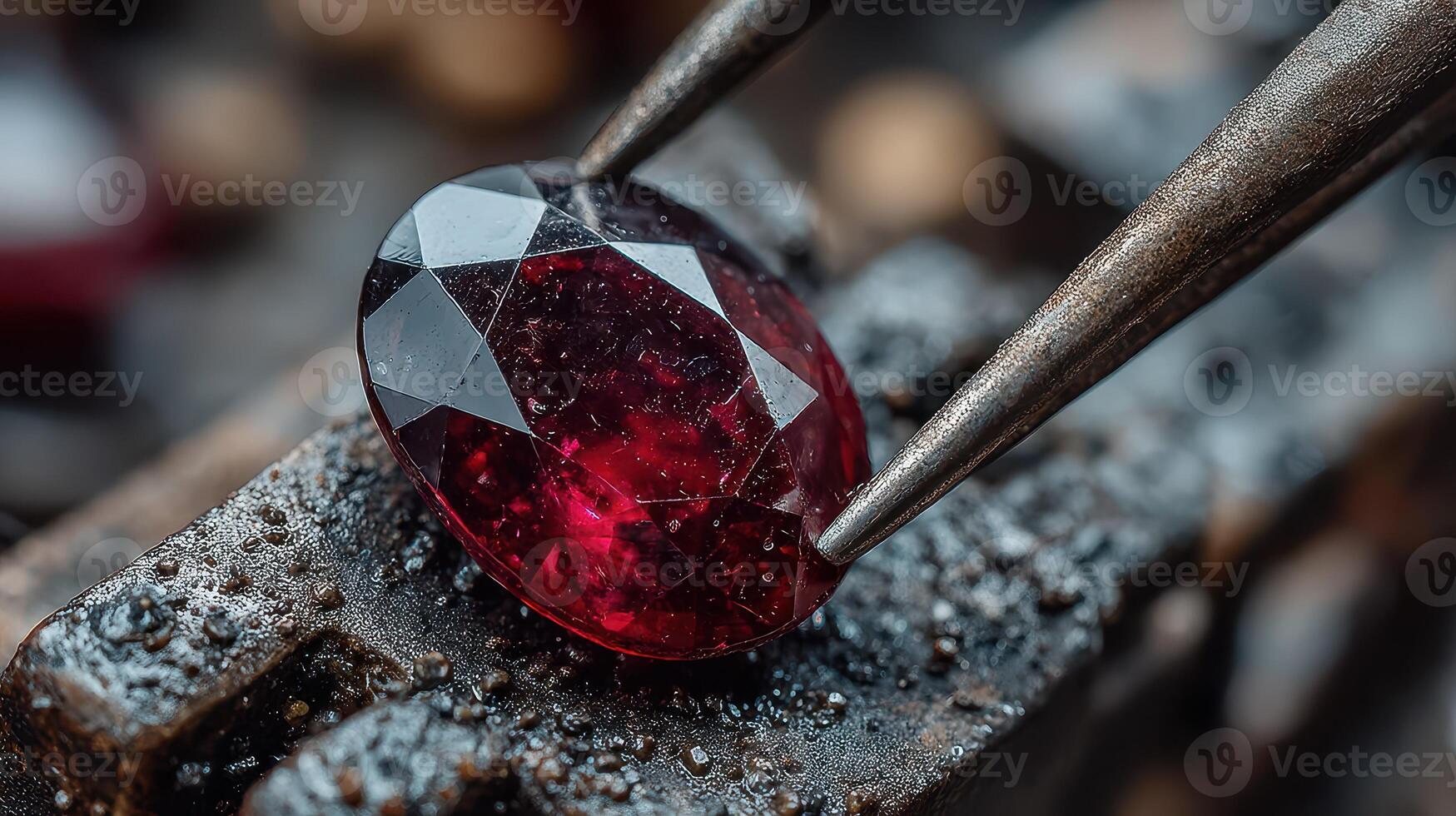 Gemstone crafting process showcasing a ruby being held with precision tools in a workshop setting photo