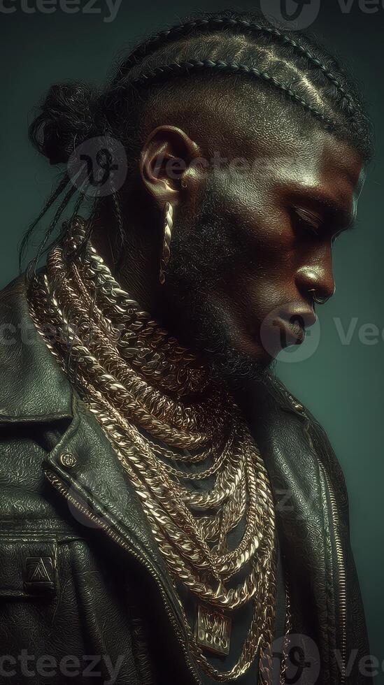Portrait of a man showcasing intricate braids and layered gold jewelry in a dark setting photo