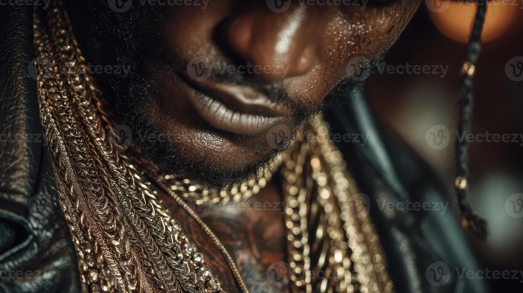 Close-up of a man showcasing intricate gold chains and jewels in a dimly lit urban setting during the evening photo
