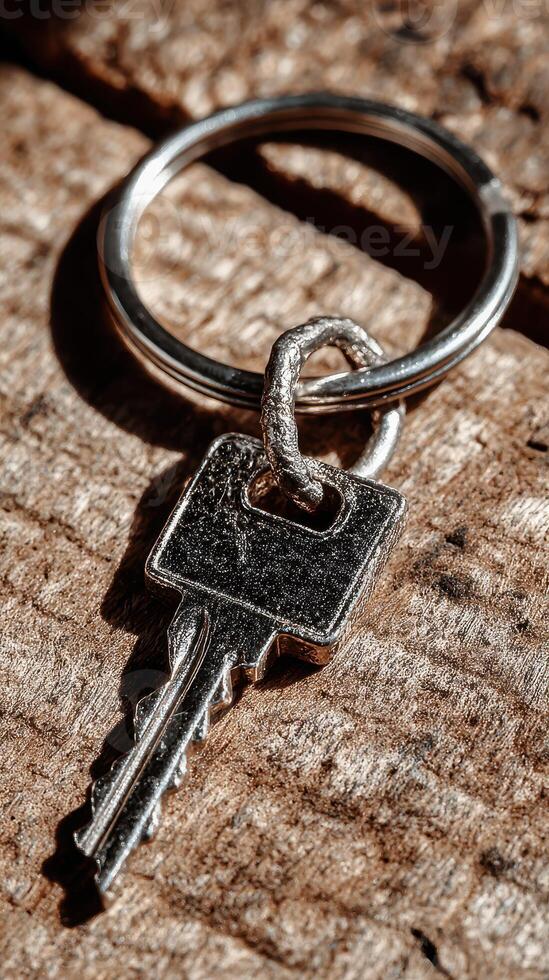 Close-up view of a shiny metal key on a ring resting on a wooden surface in natural light photo