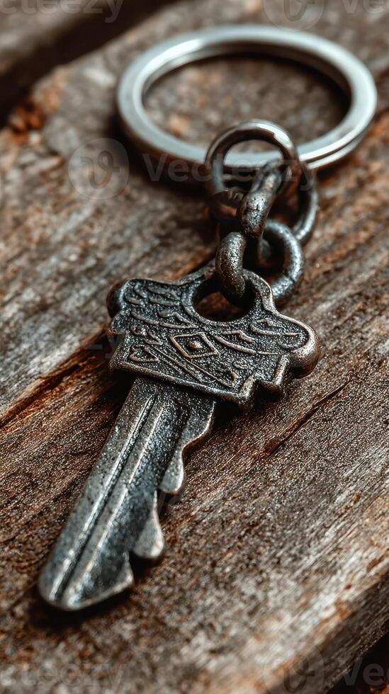 Vintage metal key resting on a worn wooden surface, capturing timeless detail and rustic charm in close-up view photo