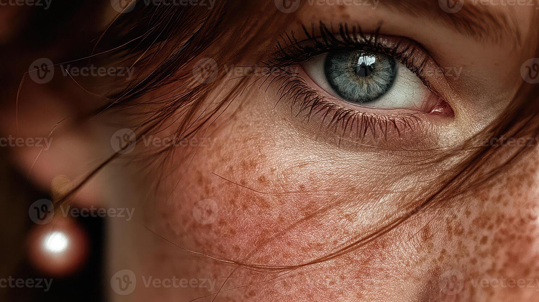 Close-up of a young person with freckles and striking blue eyes during golden hour photo