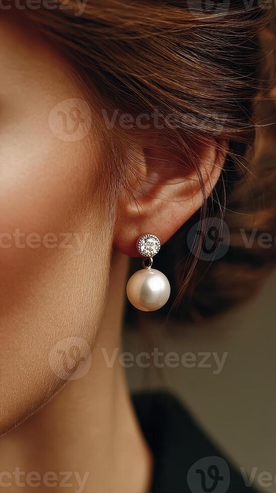 Elegant woman showcasing a pearl earring in a close-up portrait during a fashionable event photo