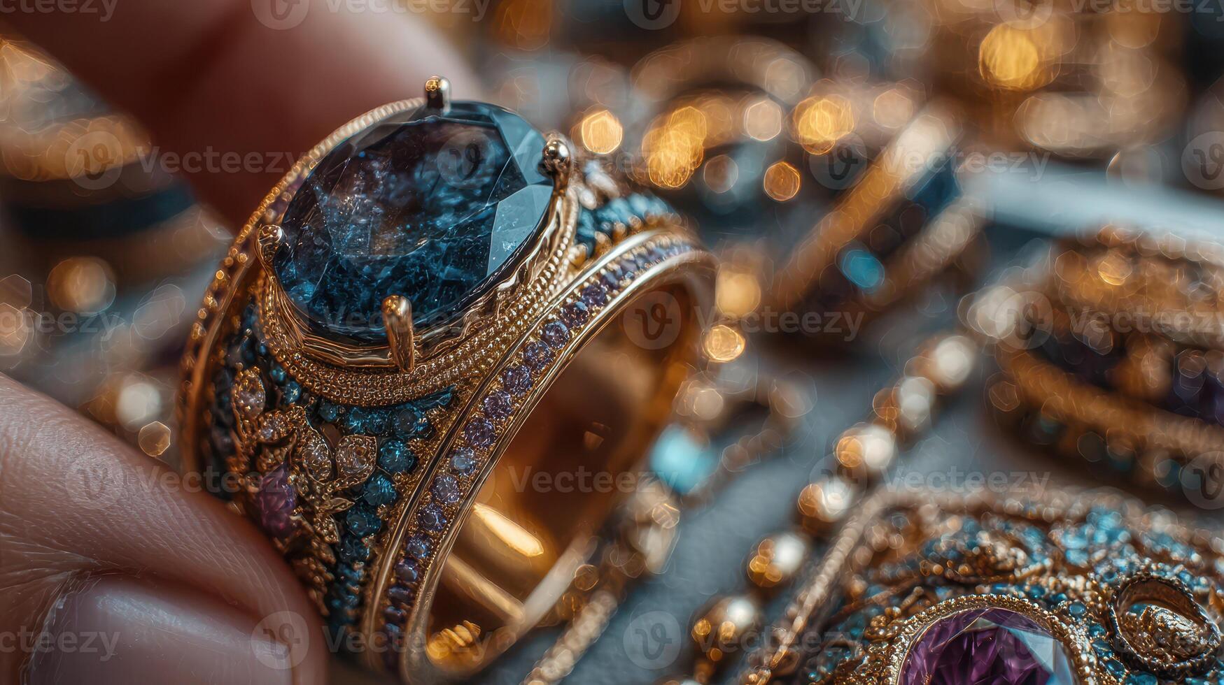 Discovering unique handcrafted jewelry with intricate designs and vibrant gemstones at a local artisan market photo