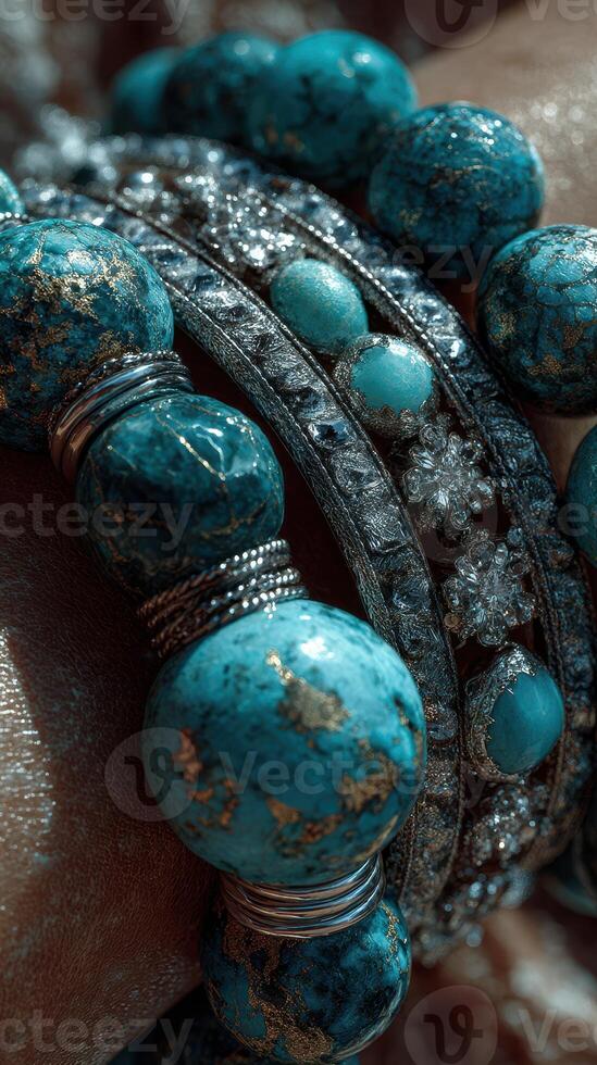 Intricately designed turquoise and silver bracelets showcase artisanal craftsmanship and vibrant color in a close-up view photo