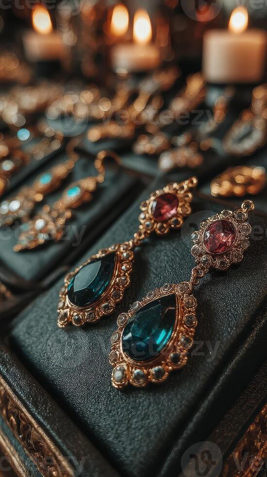 Elegant earrings showcased at a jewelry display in a dimly lit boutique during the evening hours photo