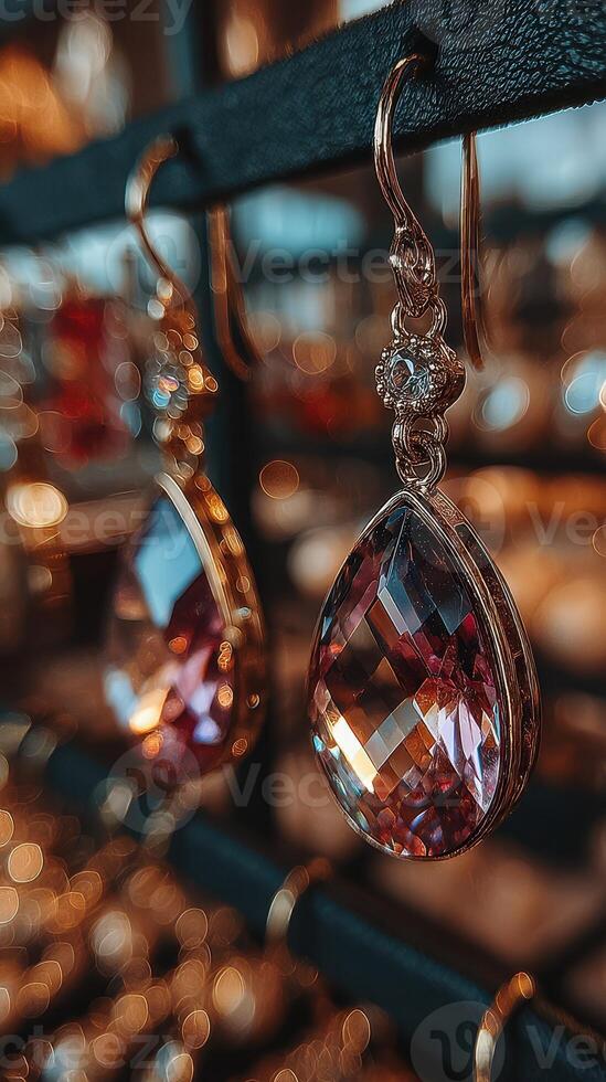 Elegant gemstone earrings displayed in a jewelry store with shimmering highlights and rich colors during late afternoon lighting photo
