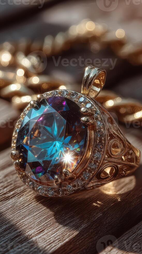 Elegant blue gemstone ring with intricate design showcased on wooden surface under soft sunlight photo