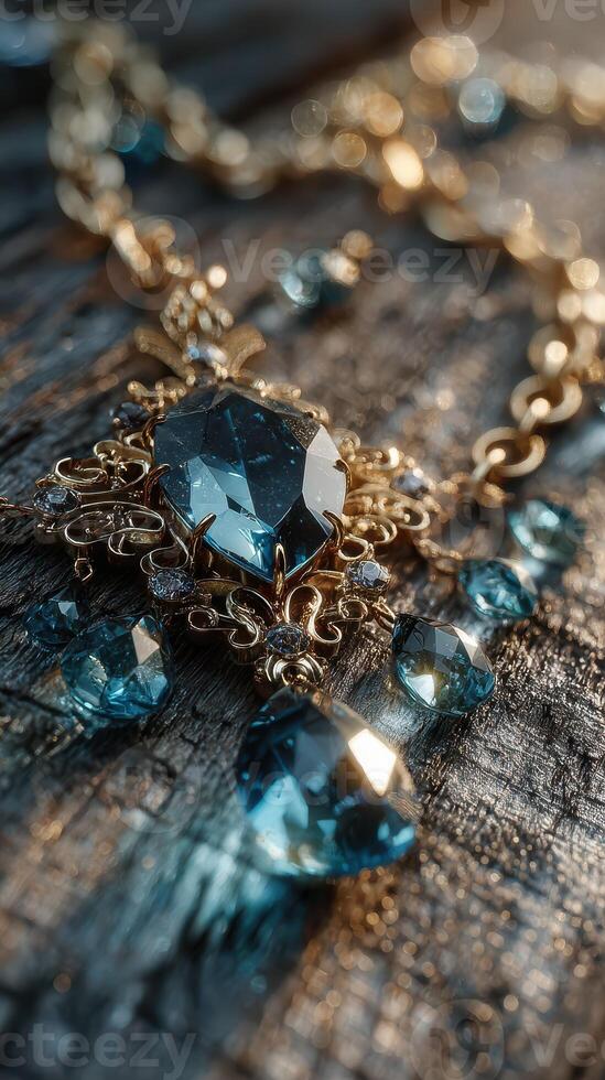 Elegant blue gemstone necklace resting on a rustic wooden surface in soft natural light photo