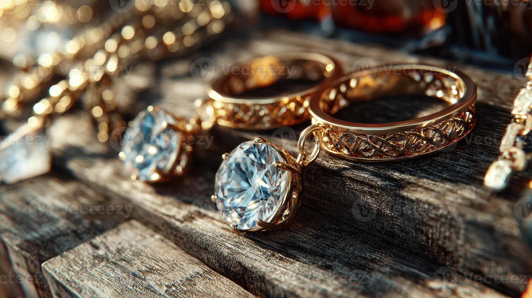 Elegant gold jewelry featuring sparkling gemstones displayed on a rustic wooden surface photo