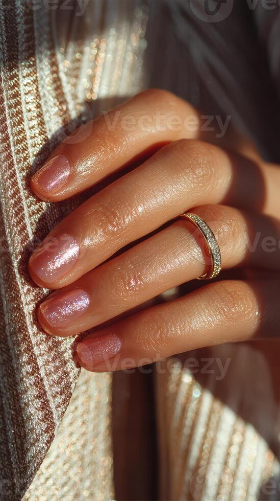 Elegant hand adorned with a sparkling ring against a soft, shimmering background in warm natural light photo