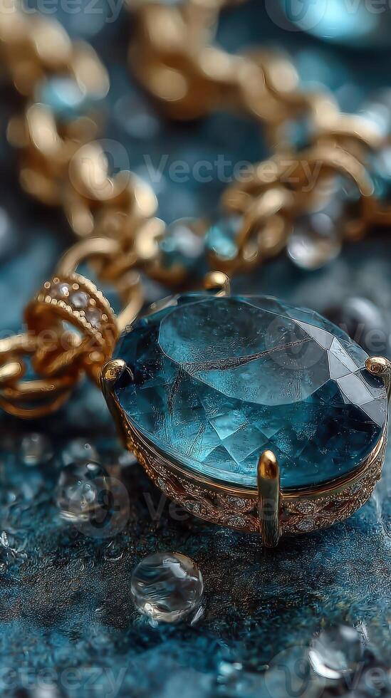 Luxurious blue gemstone pendant adorned with golden chain and glistening droplets on textured surface photo