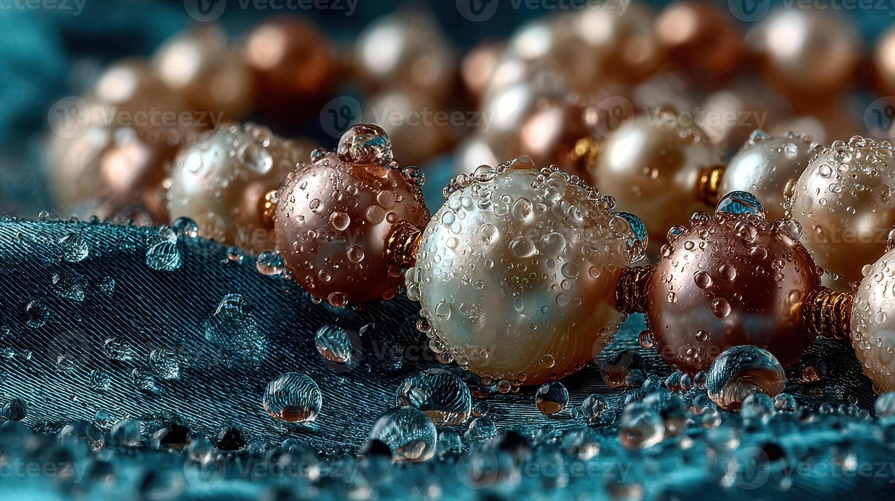 Water droplets enhance the shine of pearls resting on a vibrant fabric background photo