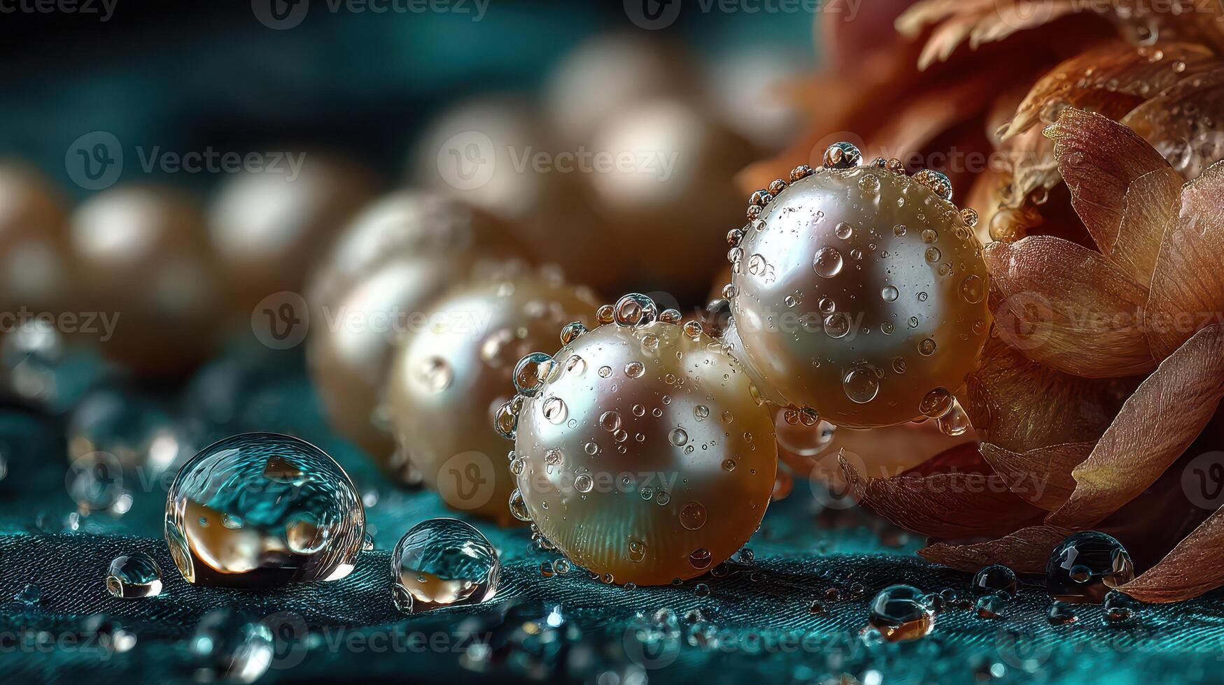 Droplets cling to pearls and flower petals on a teal surface, creating a serene and elegant still life composition photo