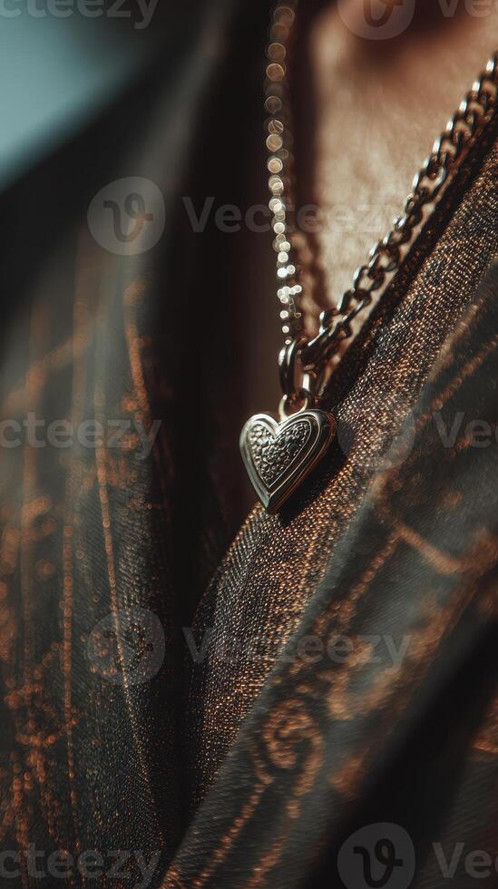 Heart-shaped pendant glimmers on a stylish outfit during an evening event in an urban setting photo