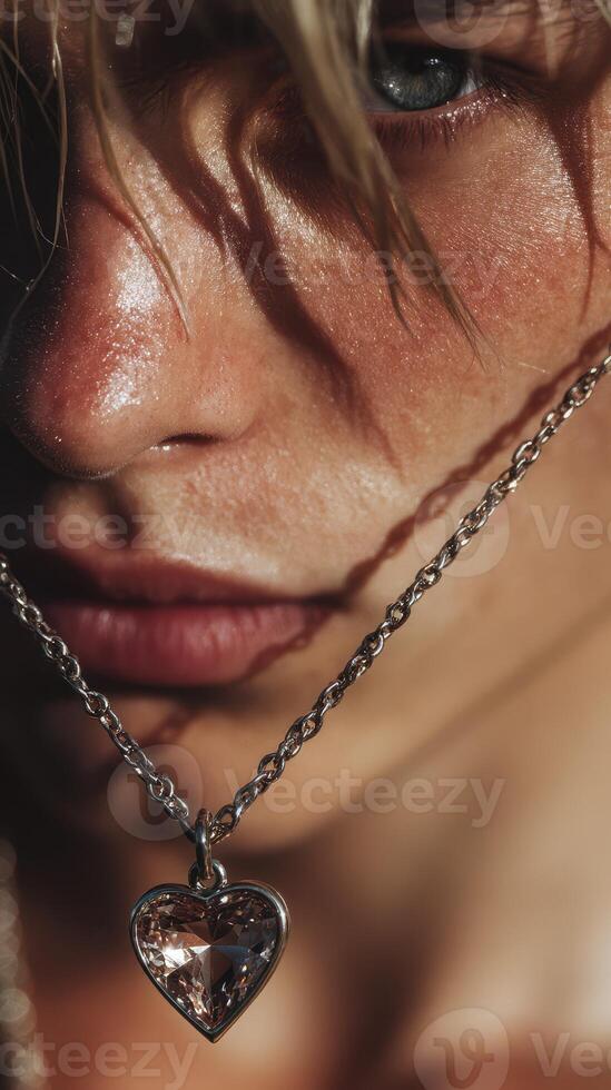 Close-up of a person showcasing a heart-shaped necklace in golden light with distinctive facial features and subtle water droplets photo