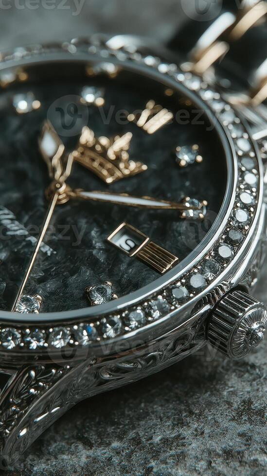 Elegant timepiece with intricate detailing and sparkling gems showcased against a textured surface photo
