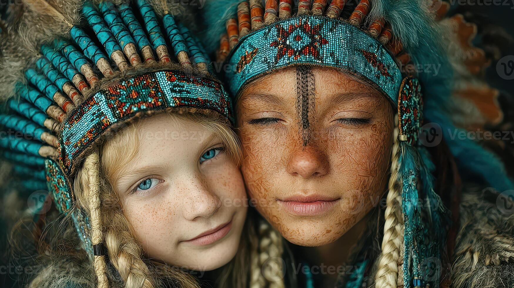 Friends celebrating culture with indigenous-inspired attire and joyful expressions in nature during golden hour photo