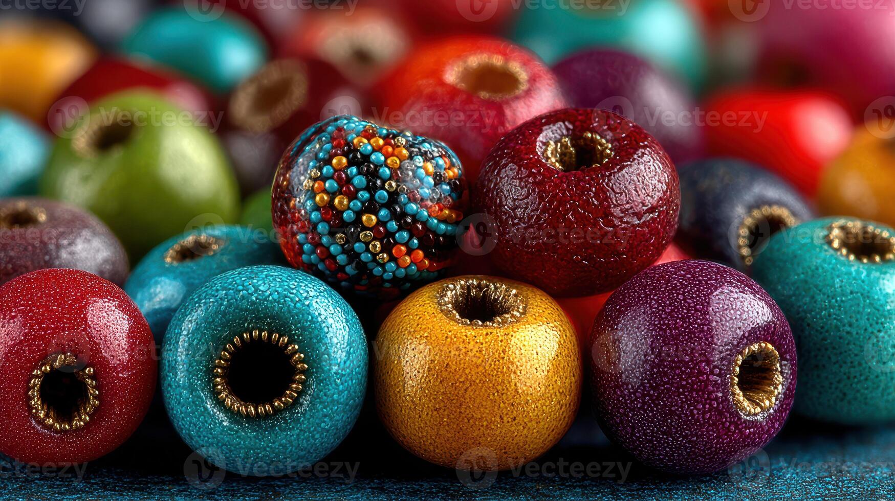 Colorful handmade beads in various shapes and sizes displayed on a textured surface in bright natural light photo